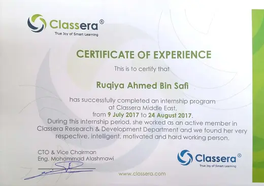 Certificate of Experience, Classera