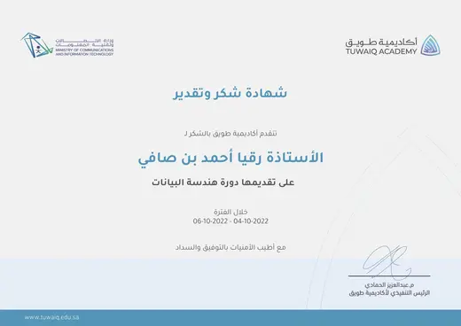 Appreciation for delivering a course, Tuwaiq Academy