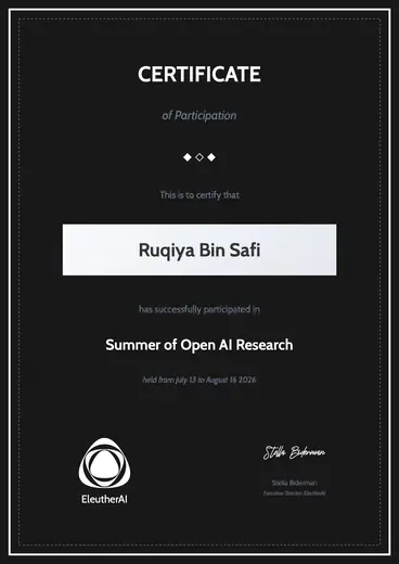 Certificate of Participation · Summer of Open AI Research (SOAR 2026), EleutherAI
