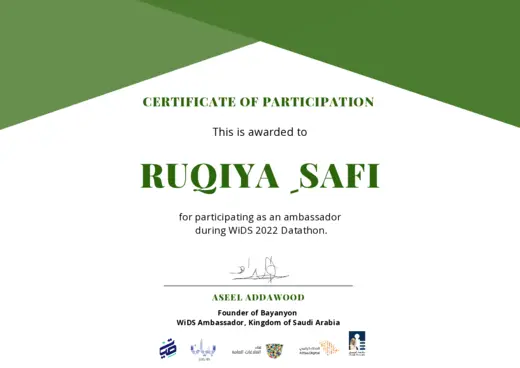 Certificate of Participation: ambassador, WiDS 2022 Datathon, WiDS Saudi Arabia · Bayanyon
