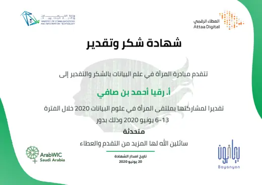 Appreciation for speaking at the Women in Data Science Forum 2020, Women in Data Science initiative · Attaa Digital · Bayanyon